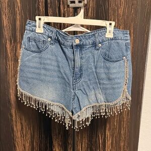 Forever 21 Blue Jean Shorts with Beaded Fringe